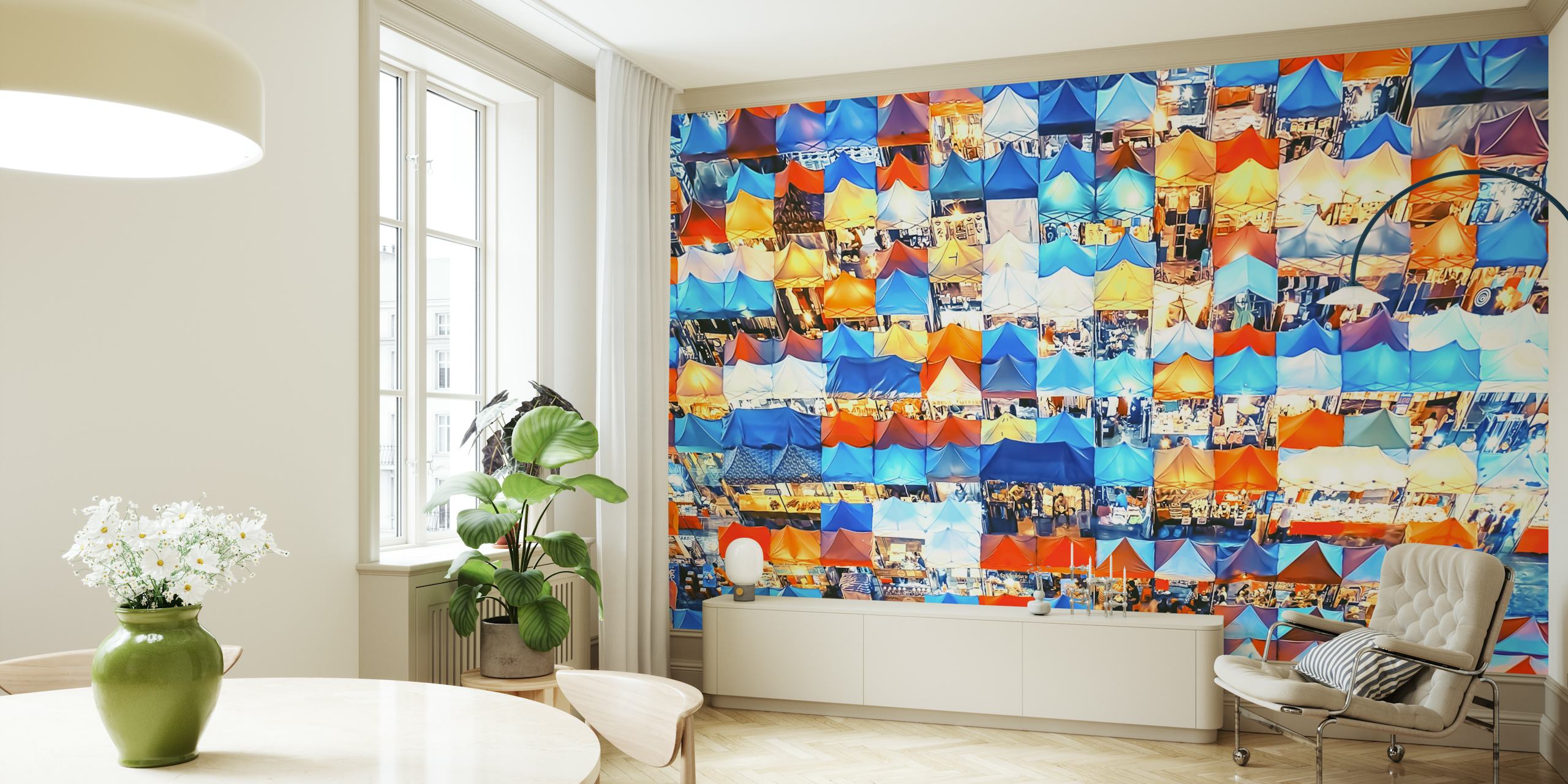 Colorful market tents in blue, orange, and white wallpaper